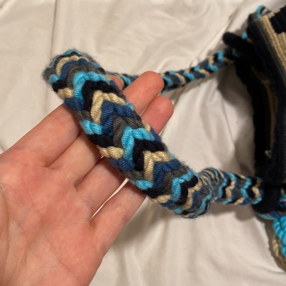 Blue & Cream Tribal Pattern Deluxe Wayuu Double Drawstring Shoulder Mochila Bag - Picture 9 of 15